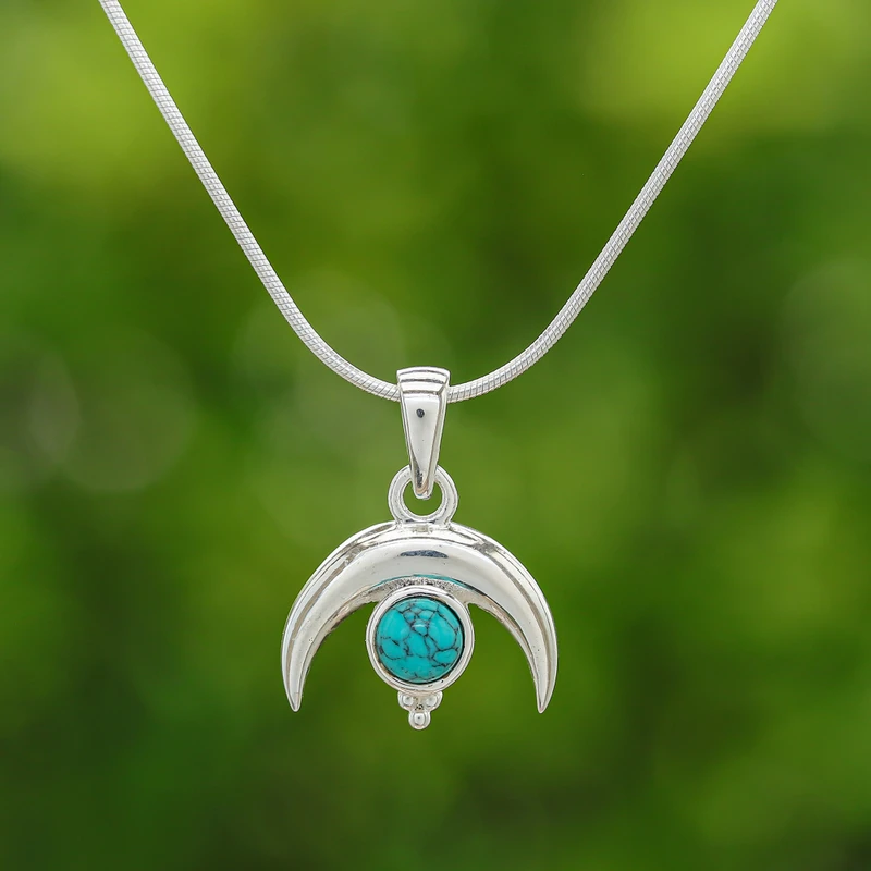 Mondförmige Halskette aus 925er Sterlingsilber mit natürlichem Türkis, wunderschöne Halskette, zarte Halskette, perfektes Muttertagsgeschenk, böhmischer Schmuck, Geschenk für sie