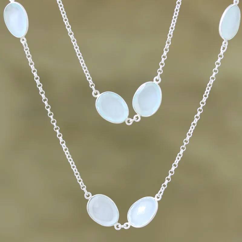 Aqua Chalcedon Halskette 925 Sterling Silber Handgemachte Zierliche Halsketten Böhmischer Schmuck Geschenk für Sie