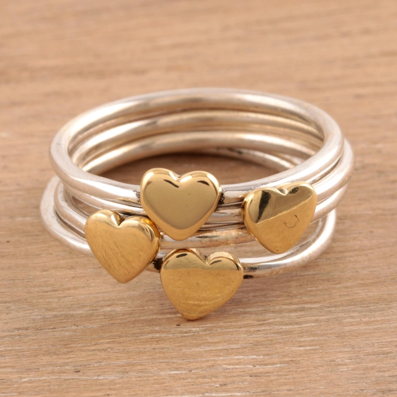Silber- und Messingherz-Stapelring, handgefertigt aus 925er Sterlingsilber, Geschenk für sie