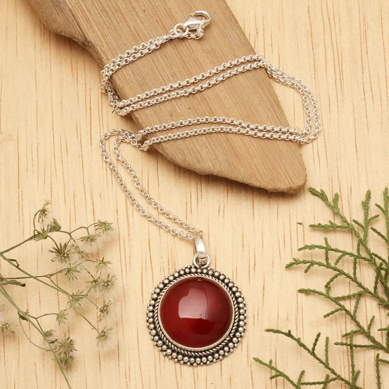 Oxidierte Karneol Cabochon Anhänger Halskette 925 Sterling Silber Zierliche Anhänger Halskette Juli Geburtsstein Halskette Böhmische Halskette Geschenk Für Sie