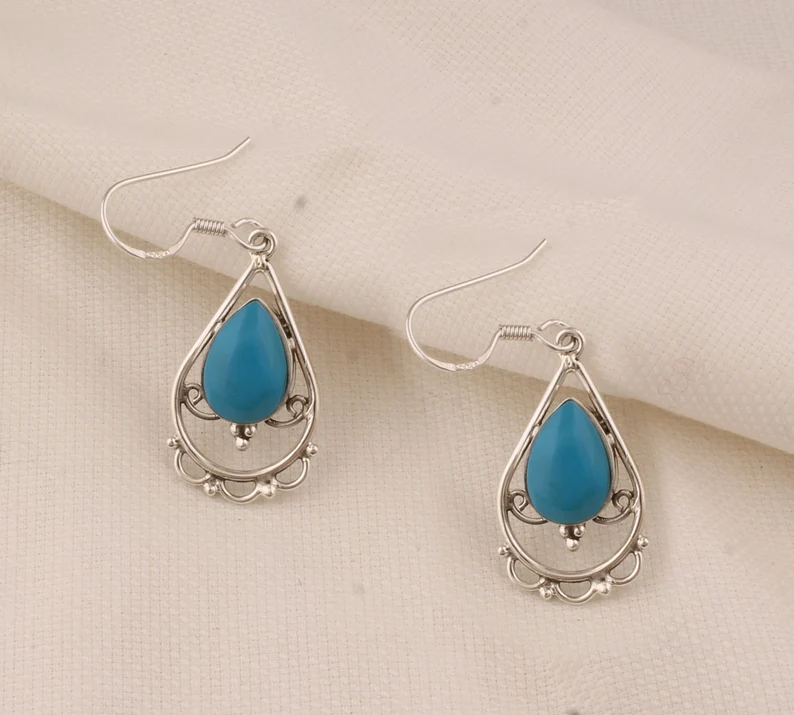 Massive 925 Sterling Silber Türkis Ohrringe für Frauen Handgemachte Birnen-Tropfen Gemstone Ohrringe Geschenkidee für Brautjungfern Hochzeitsschmuck
