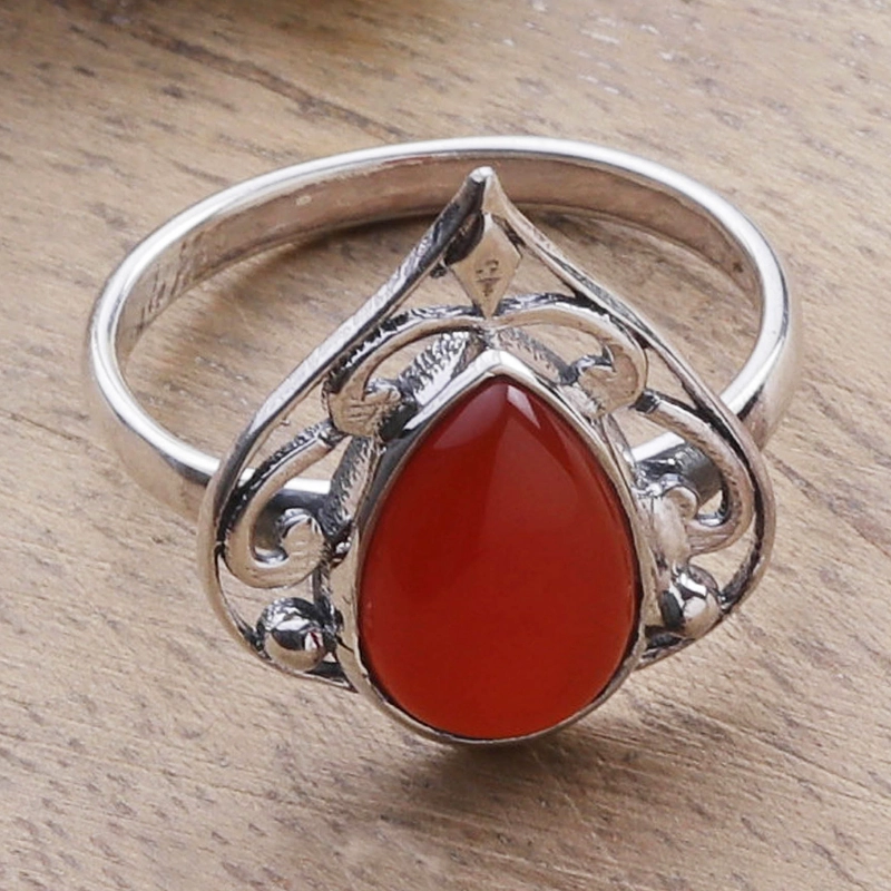 Blatt-Motiv Oranger Onyx Cocktailring Handgefertigt 925 Sterling Silber Geschenk Für Sie