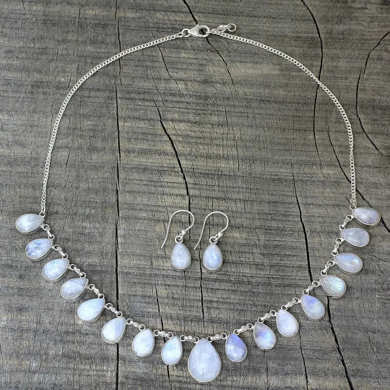 Regenbogen-Mondstein Schmuckset Halskette und Ohrringe 925 Sterling Silber Handgefertigter Bohemian Schmuck Jubiläumsgeschenk für sie & Mutter