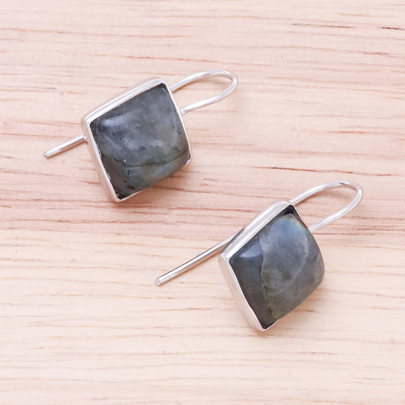 Labradorit-Ohrhänger 925er Sterlingsilber Ohrringe Blaue Quadratische Edelstein-Hängeohrringe Labradorit-Schmuck