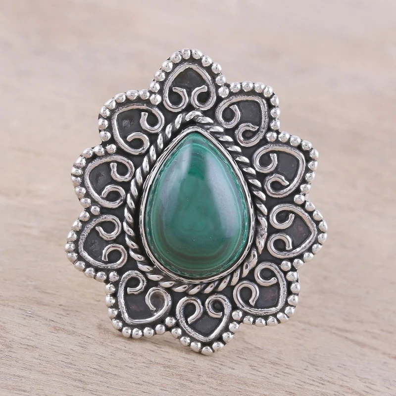 Malachite Teardrop and Sterling Silver Scrolls Cocktail Ring Natural Green Gemstone Ring Handmade Bohemian Jewelry Valentine Gift For Her Birthday Gift