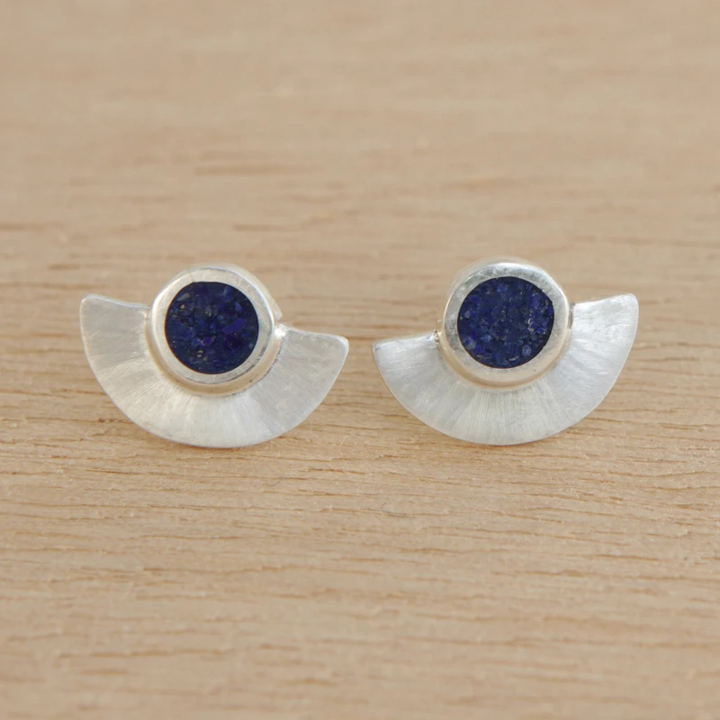 Halbkreis Lapislazuli Knopf Ohrringe 925 Sterling Silber Handgemachte Ohrstecker Alltags-Ohrringe Für Frauen Geschenk Für Sie