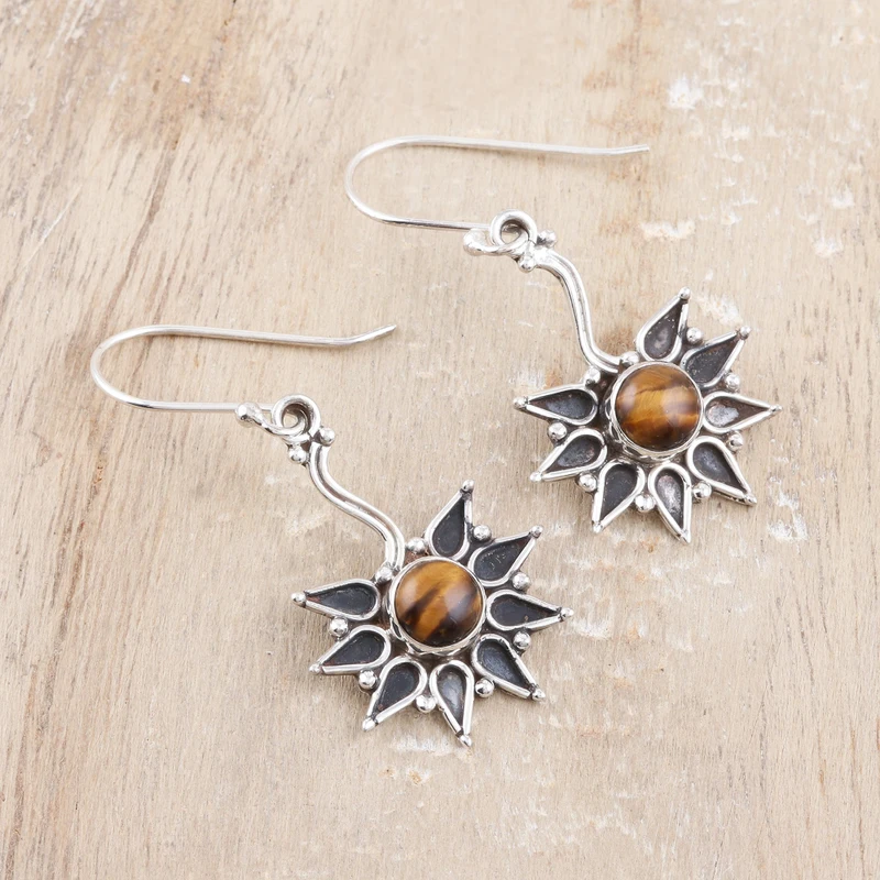 Sterling Silver and Tiger Eye Dangle Earrings Handmade Gemstone Silver Earrings Gifts For Mother Day Idea Everyday Jewelry Gift For Her