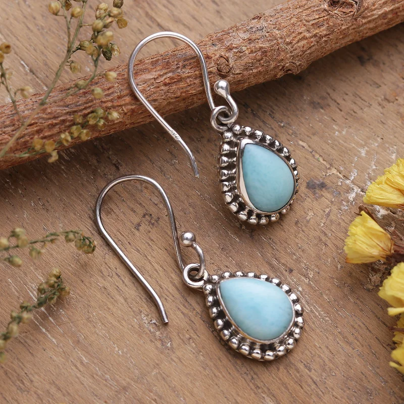 Larimar Tropfenförmige Ohrhänger 925 Sterling Silber Edelstein Ohrringe Handgemachte Boho Ohrringe Geschenk für Sie