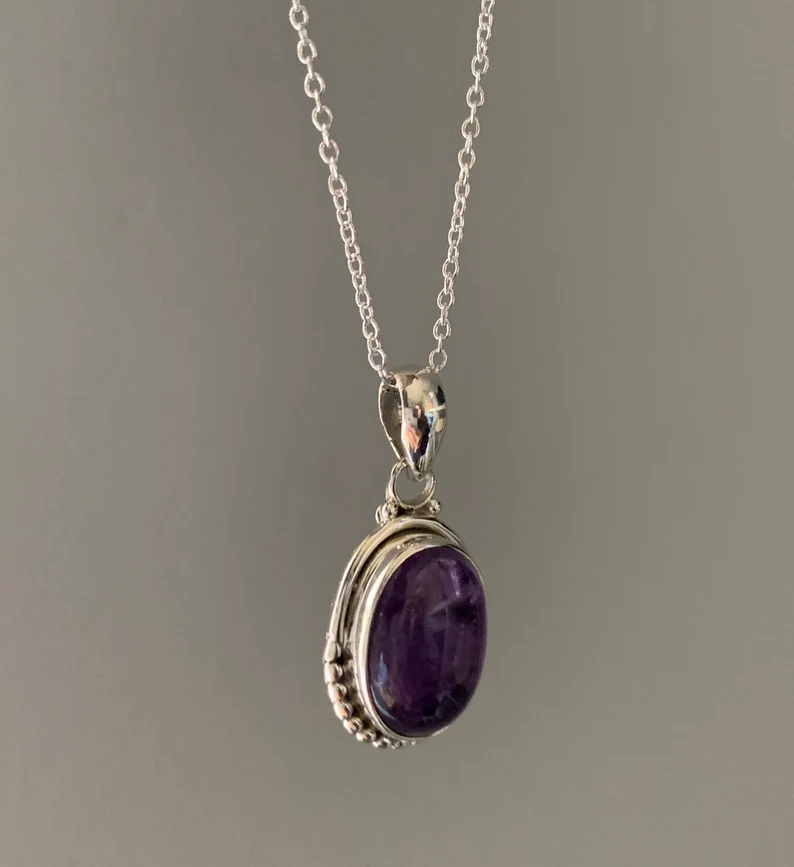 Amethyst-Halskette Boho-Halskette Ovale Amethyst-Halskette Sterling Silber Lila Halskette Zarte Halskette