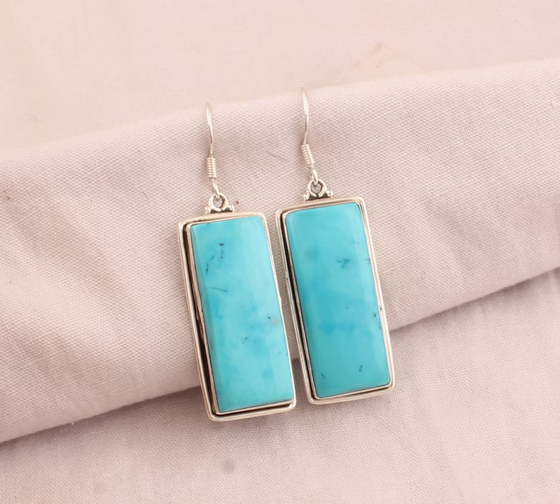 Ohrringe aus massivem 925er Sterlingsilber mit Türkis für Damen, handgefertigte Ohrringe mit Stäbchen und rechteckigen Edelsteinen, Geschenkidee, Artisan Boho Silberohrringe