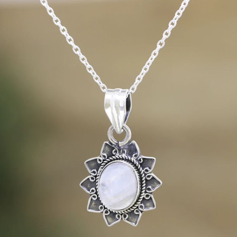 Regenbogen-Mondstein- & Sterling-Silber-Blumenanhänger-Halskette, natürlicher Feuer-Regenbogen-Mondstein, Geschenk für sie