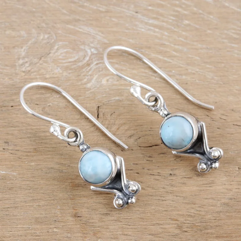 Sterling Silber Ohrhänger mit natürlichen Larimar Steinen 925er Massivsilber Edelsteinohrringe Handgemachte Boho Ohrringe Geschenk für Sie