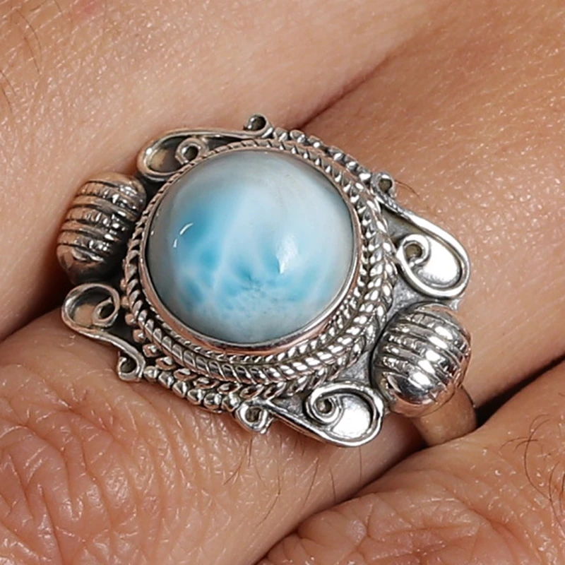 Traditioneller handgefertigter Larimar Cocktailring 925 Sterling Silber Zierlicher Ring Edelsteinring Damenring Geschenk für sie