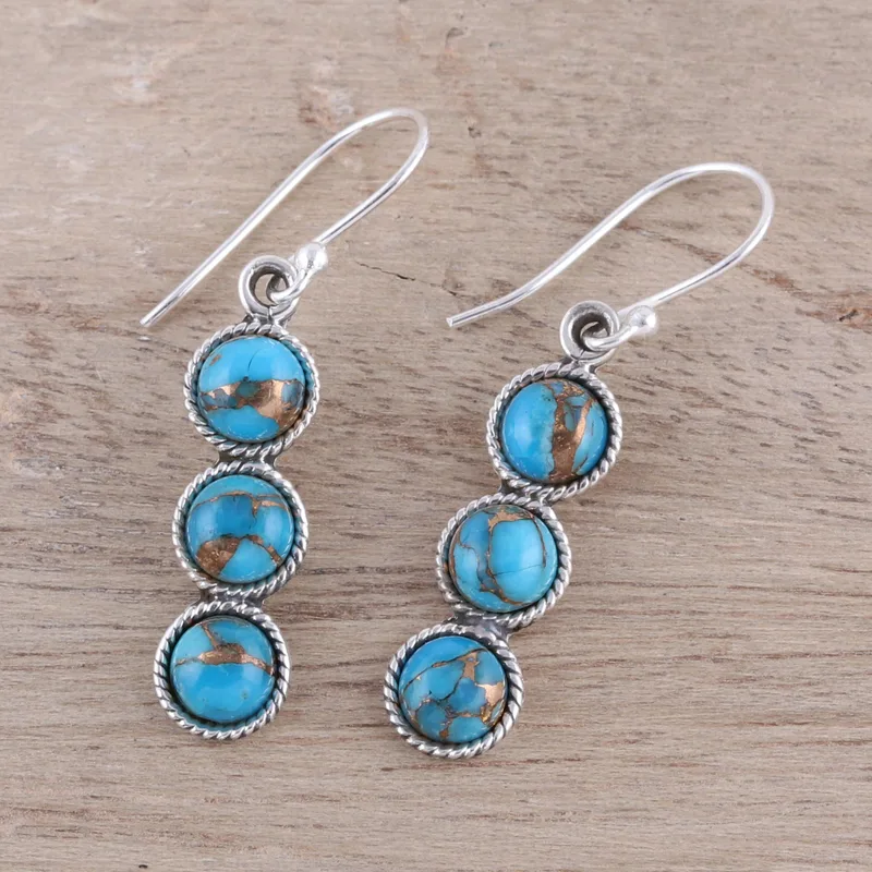Dancing Circles 925 Sterling Silver Turquoise Dangle Earrings Boho Dainty Gemstone Earring Handmade Jewelry 925 Silver Gift For Her