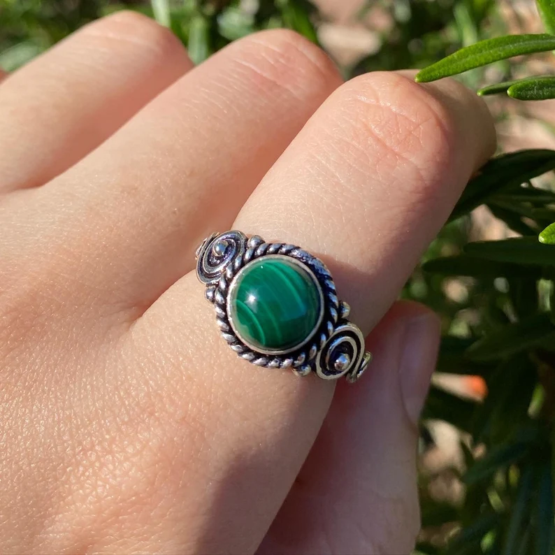925 Sterling Silber Malachit runder Edelsteinring handgefertigter Bohemian Schmuck Statement-Ring Geschenk für Sie