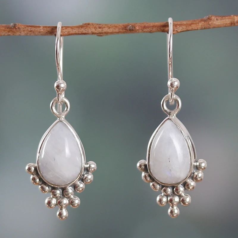 Silberohrringe Regenbogen-Mondstein-Ohrringe 925 Sterling Silber Ohrringe Handgemachte Birnen-Edelstein-Ohrringe Geschenk für Sie Böhmischer Schmuck Geburtstagsgeschenk