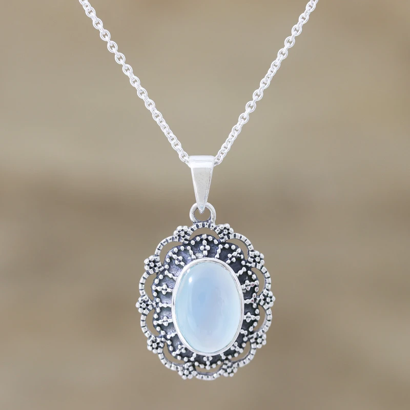 Aqua-Chalcedon Cabochon Sterling Silber Anhänger Halskette Handgefertigte Zierliche Halsketten Böhmischer Schmuck Geschenk Für Sie