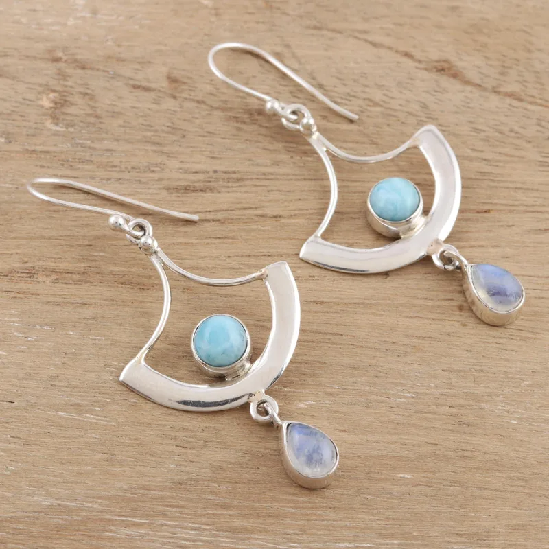 Larimar und Regenbogen-Mondstein Ohrhänger 925 Sterling Silber Ohrringe Handgefertigte Edelsteinohrringe Geschenk für Sie