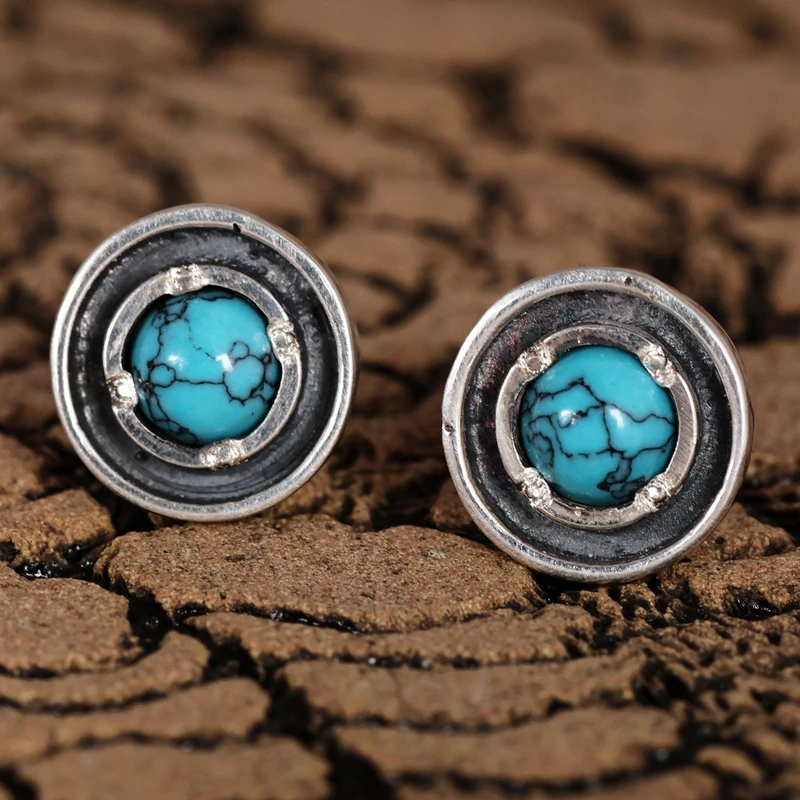 925 Sterling Silber Runde Türkis Ohrstecker Türkisschmuck Handgemachter Böhmischer Schmuck Geschenk für Sie