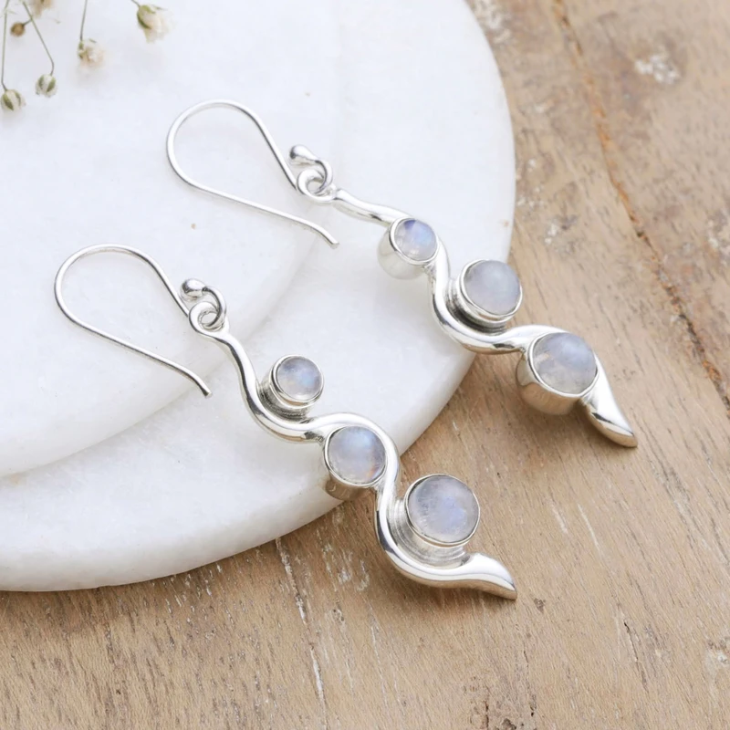 Moderne Regenbogen-Mondstein-Ohrringe, 925er Sterlingsilber, handgefertigte Edelstein-Ohrringe, Geschenk für sie, Geburtstagsgeschenk