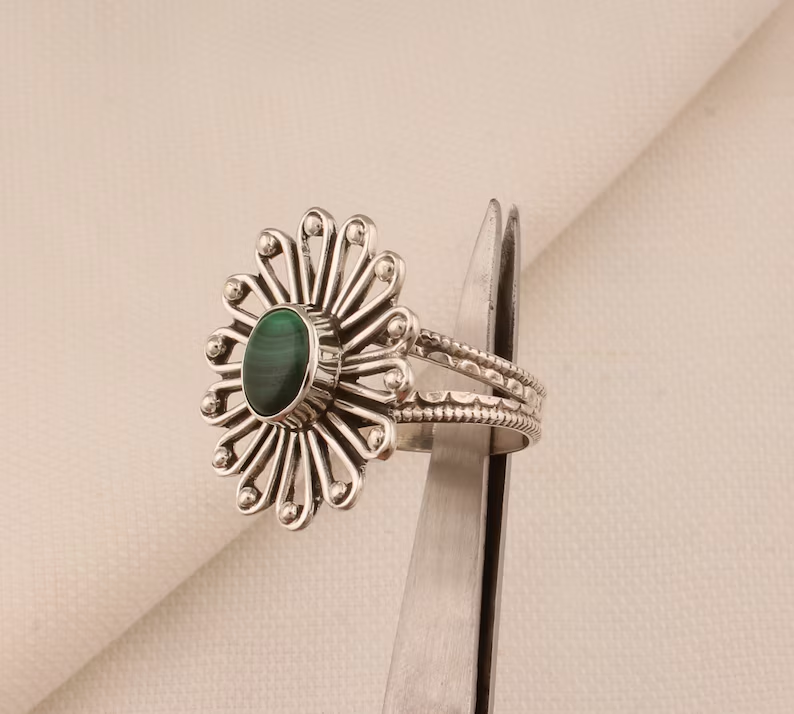 Malachit-Blume Solider 925 Sterling Silber Ring Für Frauen Handgefertigter Ovaler Edelsteinring Designer Silber Hochzeitsring Geschenkidee Für Sie