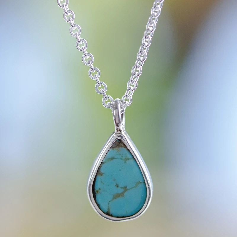 925 Sterling Silber Natur Türkis Tropfen Halskette Anhänger Halskette Zarte Halskette Perfektes Muttertagsgeschenk Böhmischer Schmuck Geschenk für sie