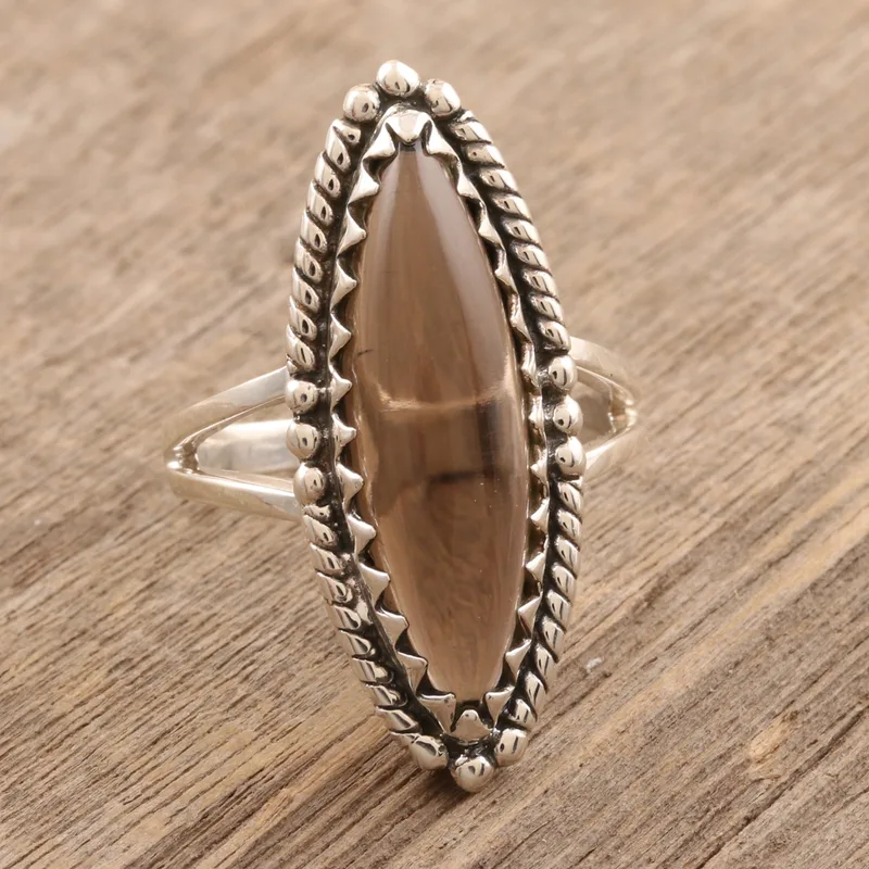 Marquise Lünettenfassung Rauchquarz Cabochon Cocktailring 925 Sterling Silber Ring Handgefertigter Ring Statement Ring Brauner Edelsteinring Versprechensring Geschenk für Sie