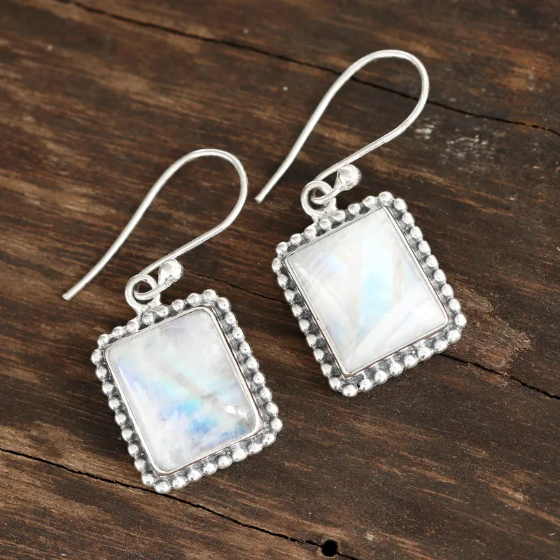 925 Sterlingsilber Ohrring Quadratische Regenbogen-Mondstein Ohrringe Handgemachte Edelstein Ohrringe Geschenk Für Sie