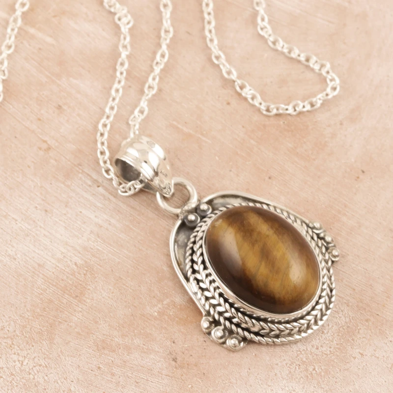 Schmuckanhänger Tigerauge Halskette 925 Sterling Silber Echter Edelstein Halskette Böhmischer Schmuck Geschenk für Sie Geburtstagsgeschenk