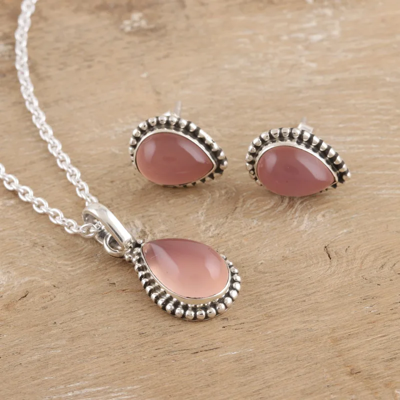 Pink Crush Rosenquarz Ohrring- und Halsketten-Set 925 Sterling Silber Halskette Rosenquarz Schmuck Januar Geburtsstein Geschenk Boho Halskette Geschenk für Sie
