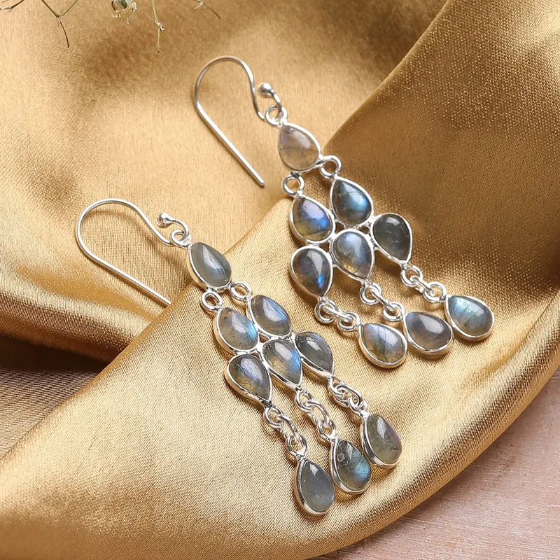Natürliche Labradorit Cabochon Kronleuchter Ohrringe 925 Sterling Silber Edelstein Ohrringe Labradorit Schmuck Geschenk Für Sie