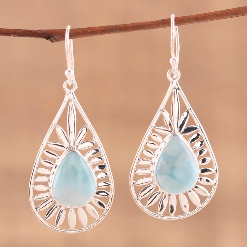 Ohrhänger aus Larimar in Tropfenform, 925er Sterlingsilber, Ohrring, Edelstein-Ohrring, handgefertigter Schmuck, Larimar-Schmuck