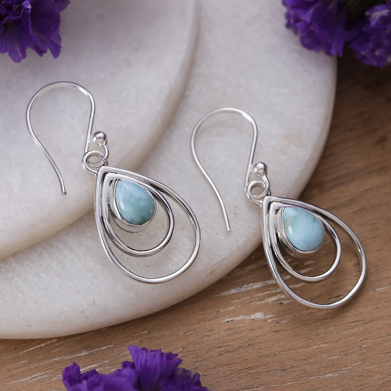 Tropfenförmige natürliche Larimar Ohrhänger 925 Sterling Silber Edelstein Ohrringe handgefertigt Damen Hochzeit Ohrringe Geschenk für Sie