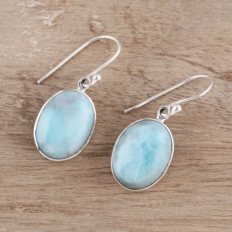 Ovale Larimar-Hängeohrringe 925 Sterling Silber Edelstein-Ohrringe Handgefertigt Damen Hochzeitsohrringe Geschenk für Sie