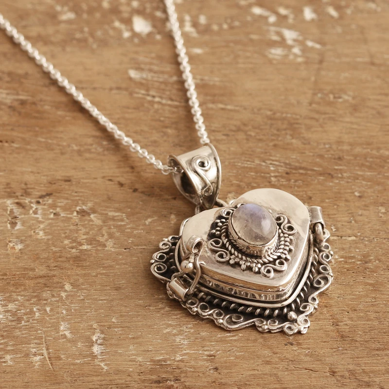 Herz-Medaillon-Anhänger-Halskette mit natürlichem Regenbogen-Mondstein aus 925er Sterlingsilber, handgefertigter böhmischer Schmuck, Jubiläumsgeschenk für sie und Mutter