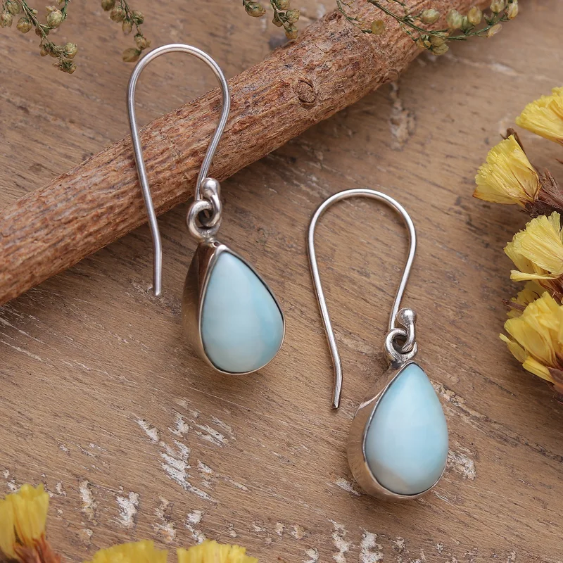 Ohrringe in Tropfenform aus natürlichem Larimar, 925er Sterlingsilber, Edelstein-Ohrringe, handgefertigt, Hochzeits-Ohrringe für Frauen, Geschenk für sie