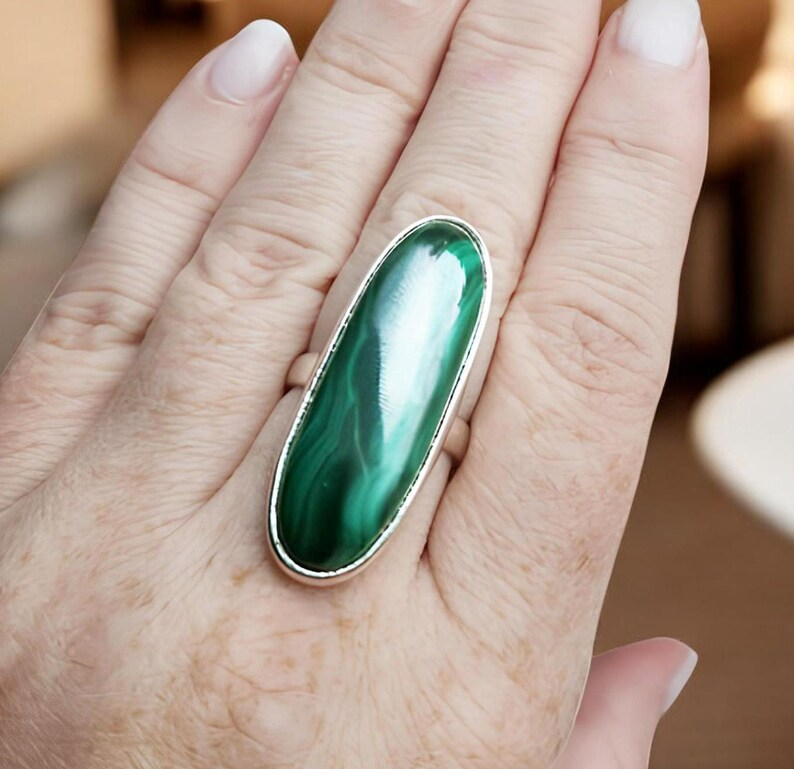 Großer Malachit Statement Ring Handgefertigt 925 Sterling Silber Edelsteinring Boho Stil Schmuck Handgemachter natürlicher Malachit Ring