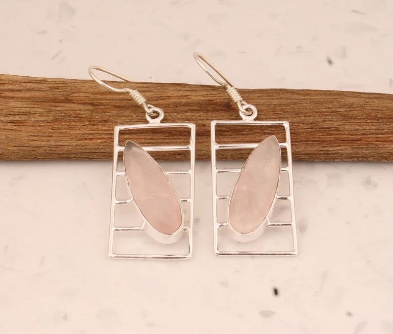 Rosenquarz Natur Sterlingsilber mit 925 gestempeltem Reinheitsgrad Tropfenohrringe für Frauen handgefertigte Birnenstein-Ohrringe Geschenke zum Muttertag