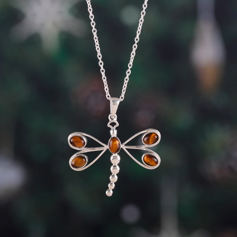 Braune Libellen-Tigerauge-Anhänger-Halskette Echte Edelsteinkette 925 Sterling Silber Böhmischer Schmuck Geschenk für Sie