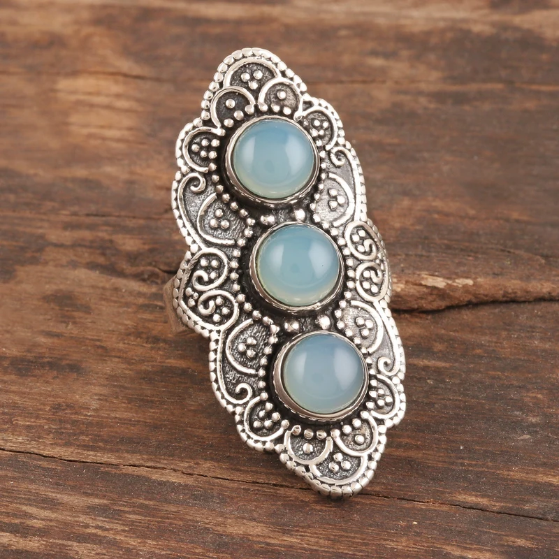 Oxidierter Sterlingsilber-Chalcedon-Cocktailring Breiter Ring Boho-Ring Blauer Edelstein Handgemachter Statement-Silberring Geschenk für sie