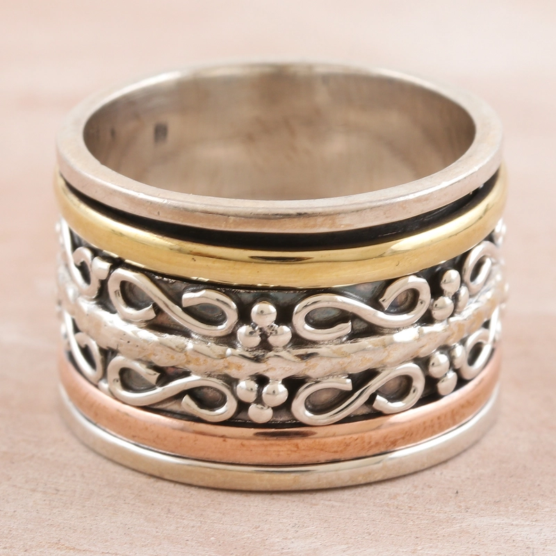 Meditationsspinner aus Silber, Messing und Kupfer, handgefertigt, Ring aus 925er Sterlingsilber, Geschenk für sie