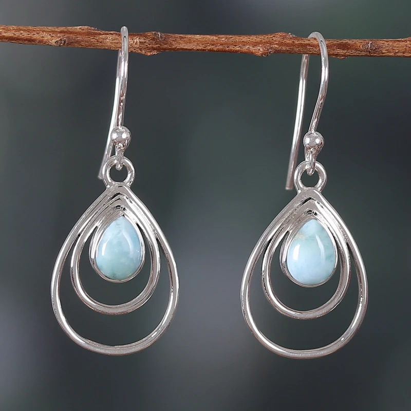 Tropfenförmige natürliche Larimar Ohrhänger 925 Sterling Silber Edelstein Ohrringe handgefertigt Damen Hochzeit Ohrringe Geschenk für Sie