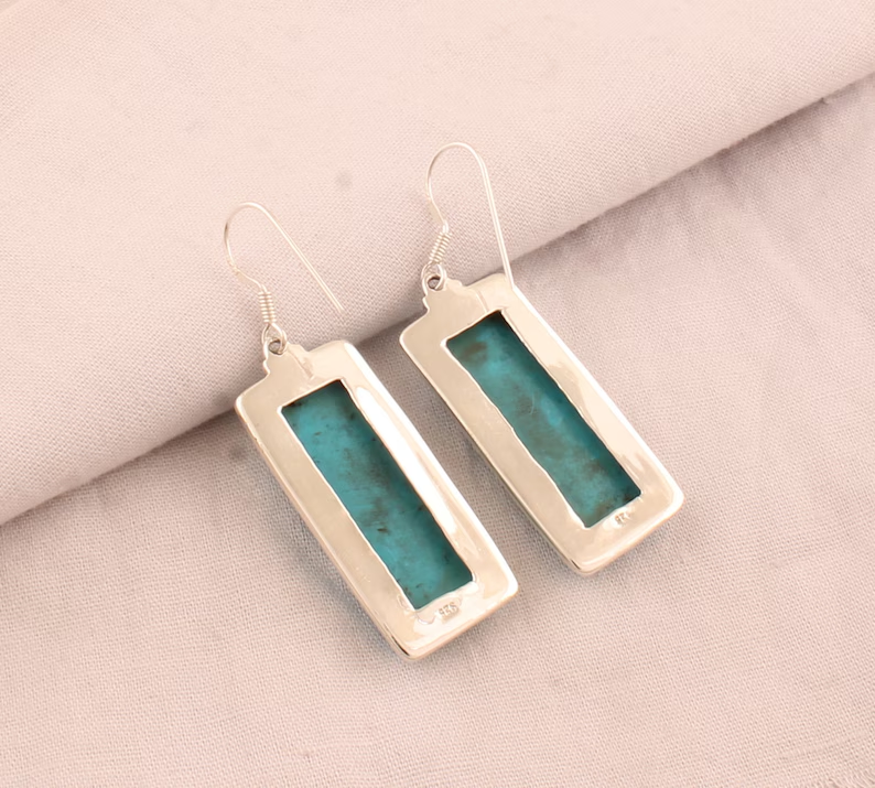 Ohrringe aus massivem 925er Sterlingsilber mit Türkis für Damen, handgefertigte Ohrringe mit Stäbchen und rechteckigen Edelsteinen, Geschenkidee, Artisan Boho Silberohrringe
