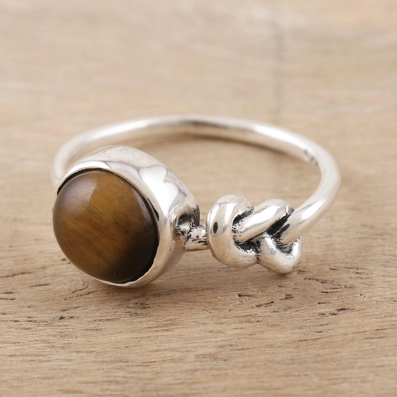 Handgefertigter Tigerauge-Knotenring 925 Sterling Silber Geschenk für sie