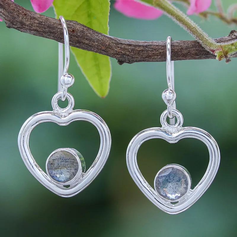 Labradorit Hängeohrringe mit Herz 925 Sterling Silber Ohrringe Blaue Edelstein Hängeohrringe Labradorit Schmuck Geschenk für Schwester