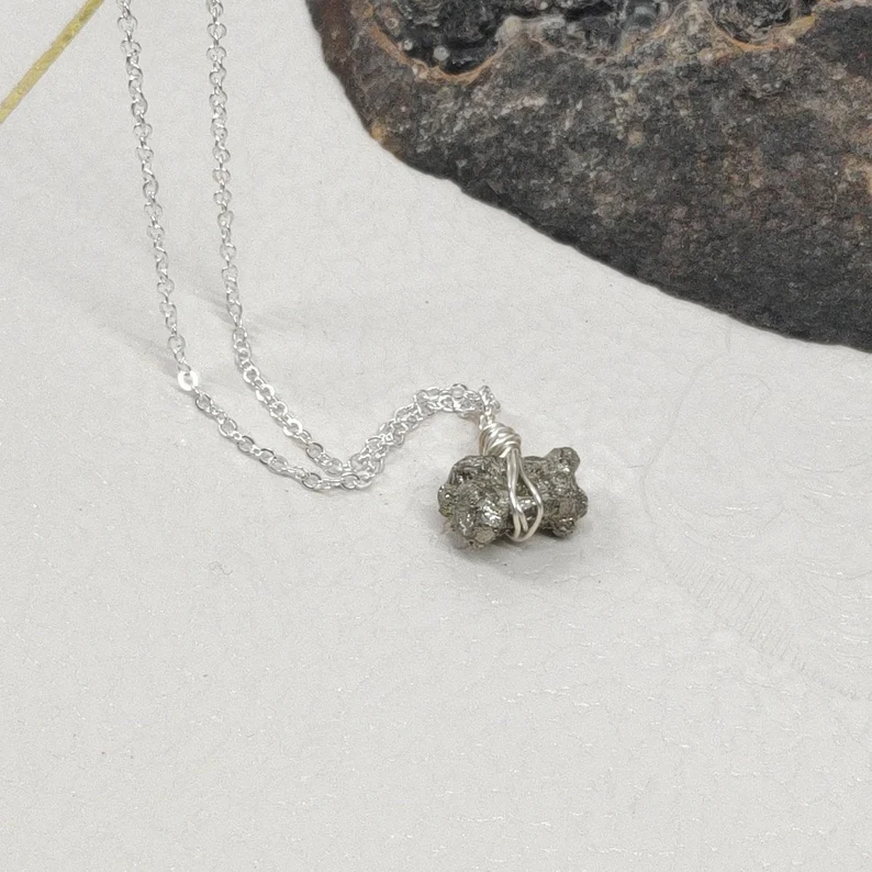Raw Pyrite Necklace Wire Wrapped Crystal Pendant Rough Pyrite Cubes Cluster Women Jewelry Gift for Girlfriend