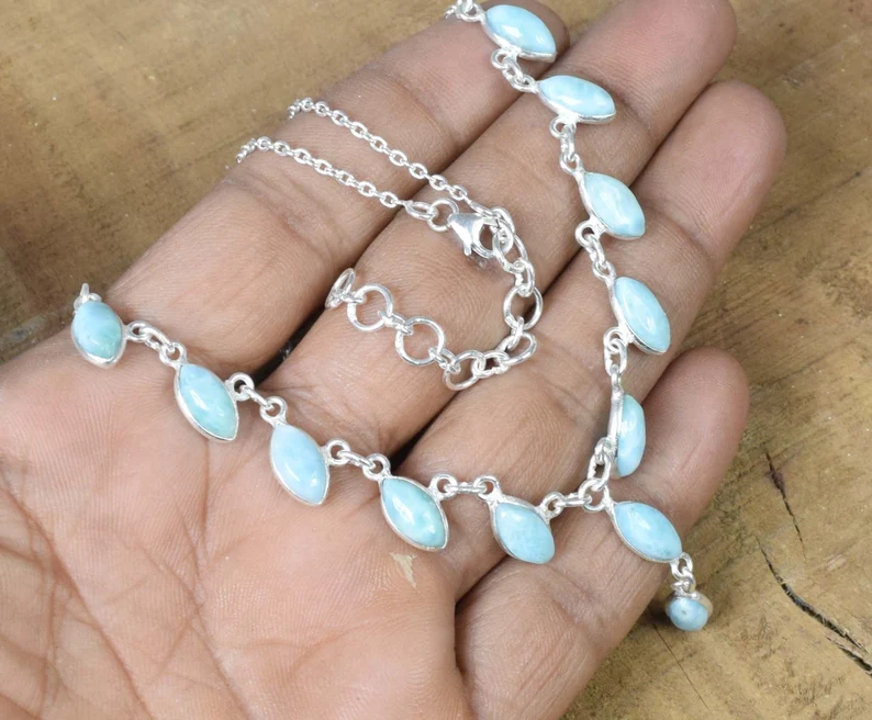 Natürlicher Larimar 925 Sterling Silber Marquise Edelstein Halskette Designer Schmuck Naturstein Handgemachter Schmuck Geschenk zum Jahrestag