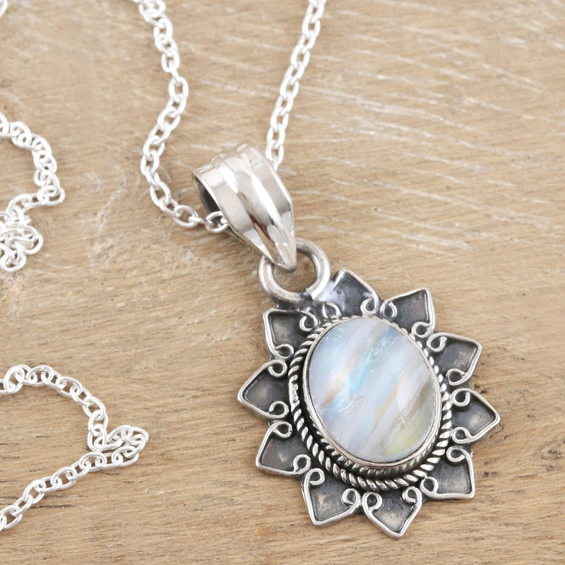Regenbogen-Mondstein- & Sterling-Silber-Blumenanhänger-Halskette, natürlicher Feuer-Regenbogen-Mondstein, Geschenk für sie