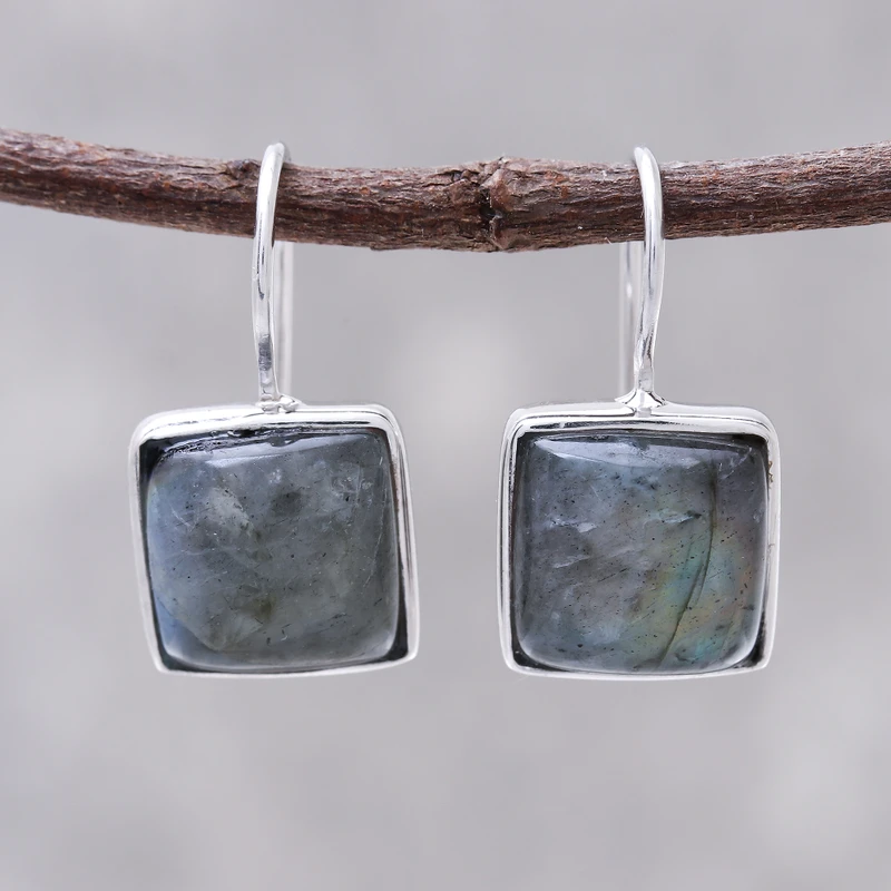 Labradorit-Ohrhänger 925er Sterlingsilber Ohrringe Blaue Quadratische Edelstein-Hängeohrringe Labradorit-Schmuck