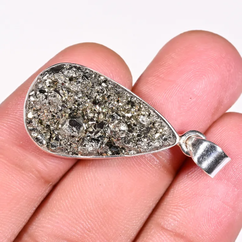 Pyrit-Anhänger Pyrit-Druzy-Edelstein-Anhänger Silberanhänger Damen Zierliche Halskette Handgefertigter Silber-Pyrit-Schmuck Geburtstagsgeschenk für sie
